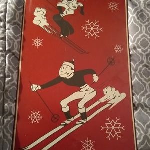 Snow Skiing couple, vintage, metal sign, decor.